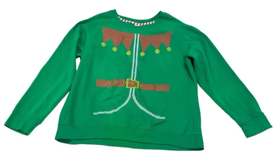 Discover Christmas Elf Ugly Sweater Legs Dangle Holiday Time Size XL 16-18 Green Red