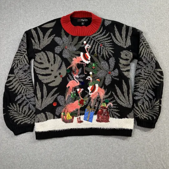 33 Degrees Sweater Womens Small Black Ugly Christmas Metallic Flamingo Pullover