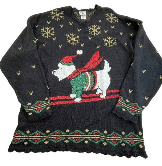 Vintage Nutcracker Christmas Sweater Dog on Skis Acrylic & Lurex Womens L Ugly