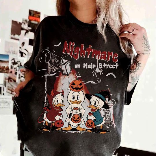 Discover Disney Ducktales Halloween Nightmare on Main Street T-Shirt, Disneyland Halloween Matching Trip Shirt, Disney Huey Dewey Louie Halloween Tee