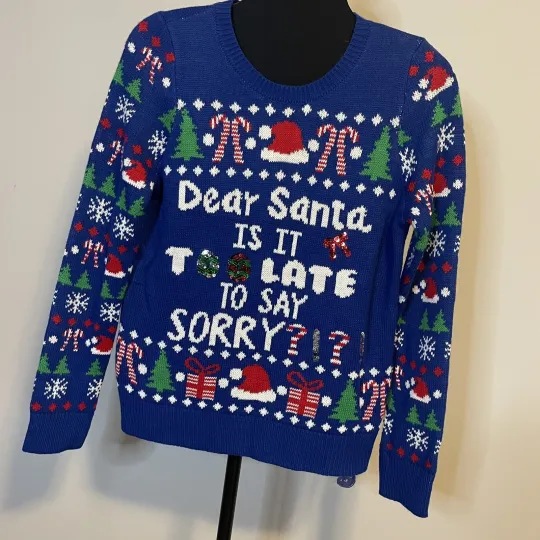 Discover Joe Boxer Sz Medium Ugly Christmas Sweater Is It Too Late To Say Sorry? Sequins