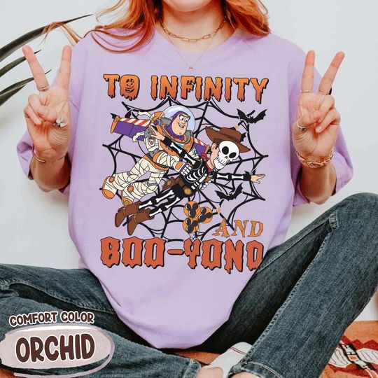 Discover Disney Toy Story To Infinity and Boo Yond Halloween T-Shirt, Buzz Lightyear Woody Costume Halloween Tee, Toy Story Land Halloween Trip Gifts