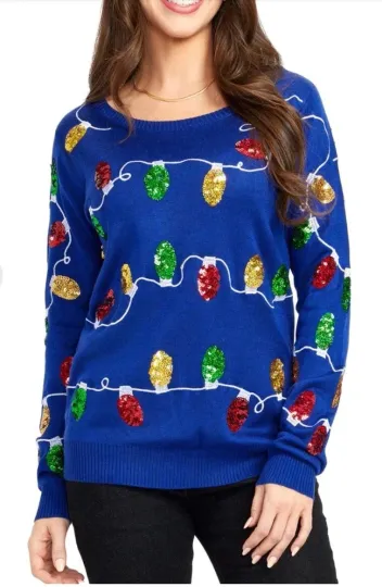 Discover Tipsy Elves XL Womens Christmas Lights Ugly Sweater, Blue with Colored Sequins