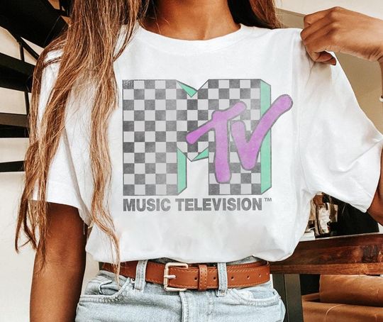 Discover MTV Checkered Distressed Retro Logo T-Shirt, Retro 80s & 90s MTV Family Matching Tee, MTV Birthday Girl Music Television Signal Logo Shirt