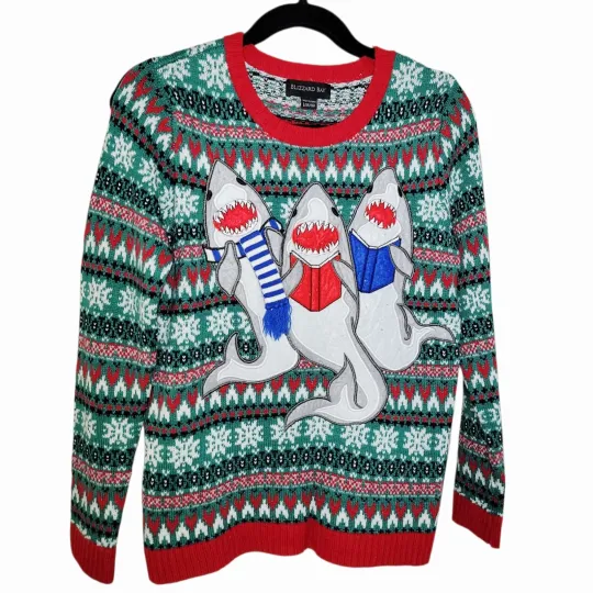 Discover Blizzard Bay Shark Christmas Sweater Teen 14/16 Large Ugly Holiday Pullover