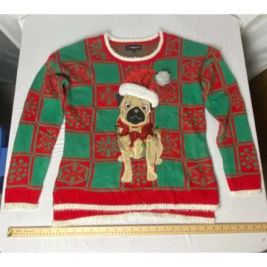 Discover 33 Degrees Ugly Christmas Sweater Red Green Holiday Pug Dog L Large