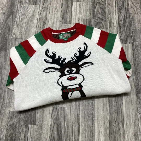 UGLY CHRISTMAS SWEATER "Rudolph" Round Neck White Pullover Sweater Men's Size L