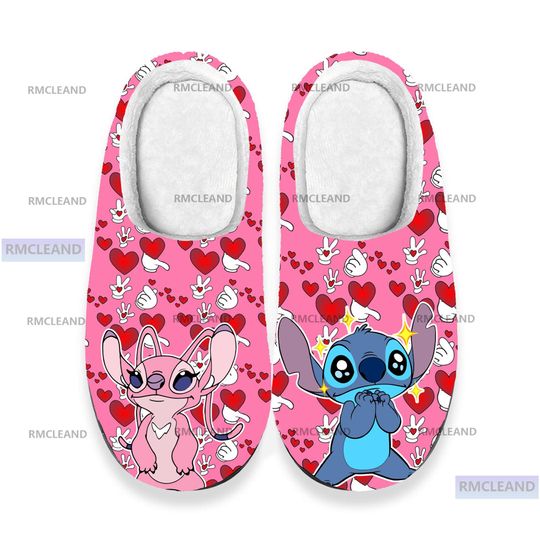 Discover Personalized Stitch Angel Love 3D All Over Printed Slipper, Winter Slipper, Stitch Indoor Slipper, Custom Rubber Slipper, Christmas Slippers