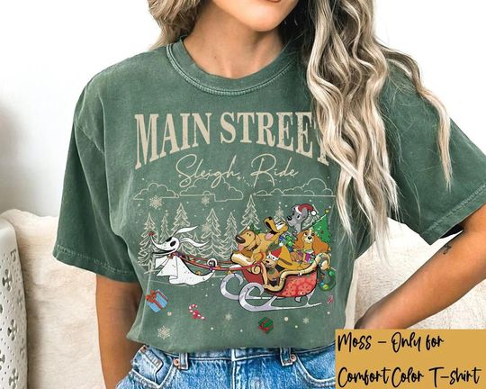 Discover Disney Dogs Main Street Sleigh Ride Christmas T-Shirt, Disney Dog Lover Tee, Zero Pluto Lady and Tramp Tee, Disney Xmas Matching Family Gift