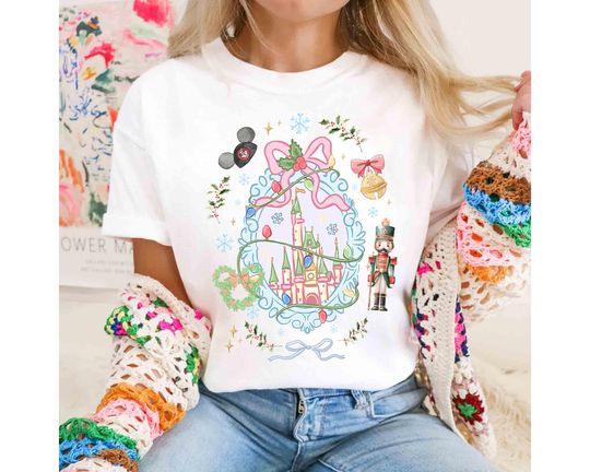 Discover Disney Castle Christmas Lights Coquette Bows T-Shirt, Disney Xmas Family Gifts, Disney Mickey Very Merry Christmas Party Tee
