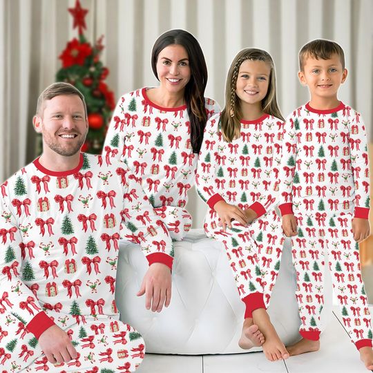 Discover Christmas 2025 Family Pajamas Set, Red Bow Matching Costume PJs for Christmas Party, Santa Pine Tree Shirt, Fun Xmas Pattern Loungewear