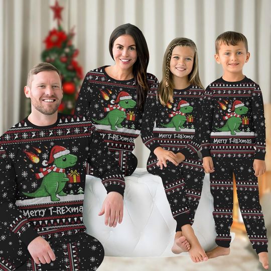 Discover Dinosaur Christmas Family Pajamas Set, Animals Merry Christmas Pajamas, Fun Dino Xmas Shirt, Dino Santa Pajamas Set For Xmas Holiday