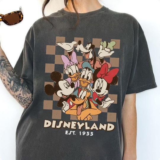Discover Disneyland Est 1955 Mickey and Friends Checkered Vintage T-Shirt, Disneyland Trip Matching Family Shirt, Disneyland California Vacation Tee