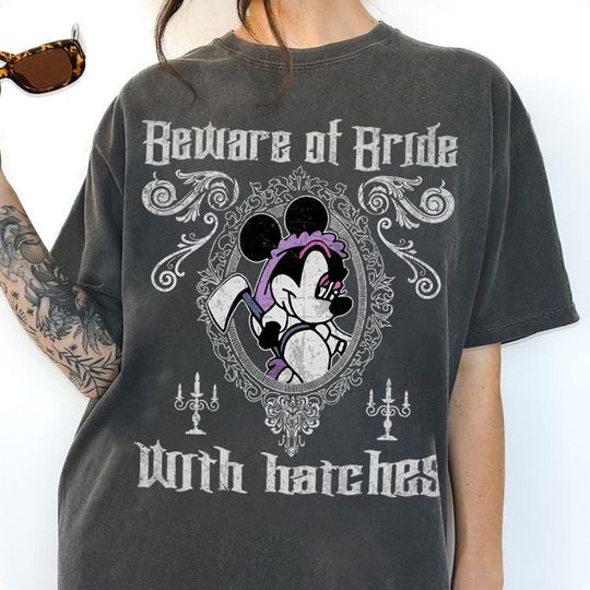 Discover Disney Minnie Costume Constance Hatchaway Beware of Bride With Hatches T-Shirt, Disney Haunted Mansion Halloween, Disney Spooky Season Shirt