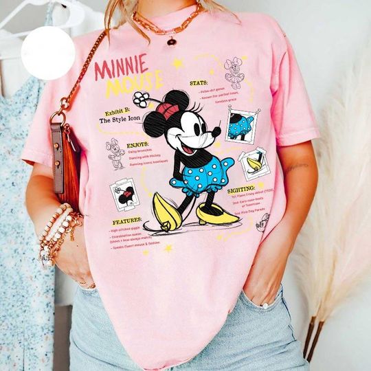 Discover Disney Minnie  Mouse Characteristics Sketch T-Shirt, Disneyland Family Vacation Holiday Gifts, Magic Kingdom Tee, Disney Girl Trip