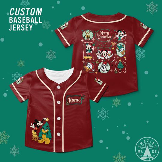 Discover Custom Retro Disney Christmas Patchwork Baseball Jersey, Vintage Mickey and Friends Shirt