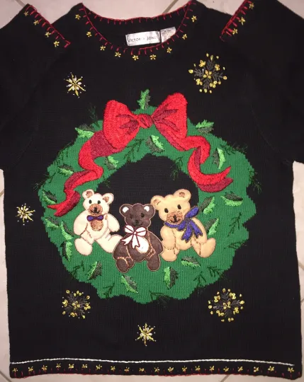 Discover VICTORIA JONES Teddy Bears in Wreath Ugly Christmas Sweater S Beaded LNWOT Ramie