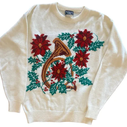 Discover Vintage Poinsettia French Horn Knit Holiday Sweater - Medium