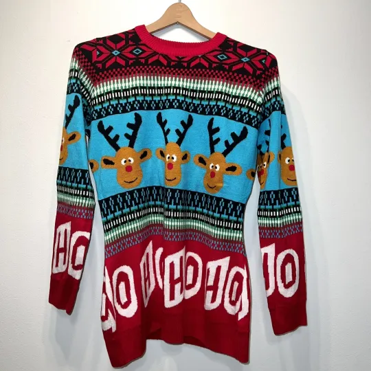 Discover Reindeer Ugly Christmas Sweater HO HO HO Mixed Pattern Red Blue EUC Size Small