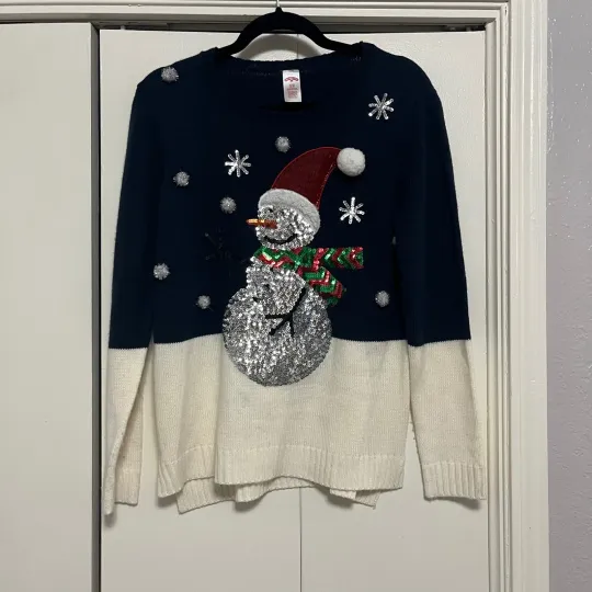 Discover Holiday Time Christmas Snowman Sweater Sequin Embellished Ugly Sweater