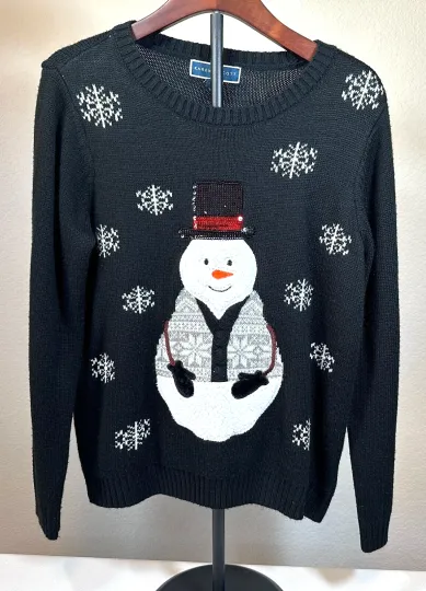 Discover Karen Scott Black Sequined Snowman Holiday Ugly Christmas Sweater Women's Large