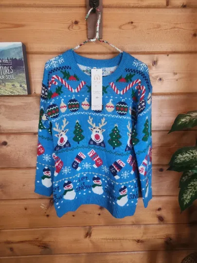 New Ugly Christmas Holiday Reindeer Snowman Let it Snow Sweater Blue Medium V28