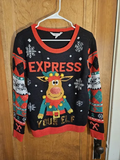 Discover Ugly Christmas Sweater Reindeer EXPRESS YOUR ELF, Women's L (11-13)