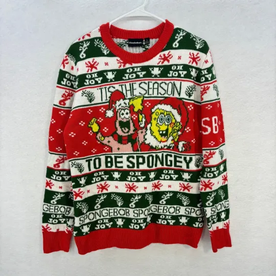 SpongeBob Ugly Christmas Sweater LARGE Red Tis The Season to be Spongy Party