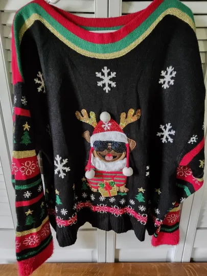 Discover Blizzard Bay Ugly Christmas Sweater Size XL Sunglasses Dog Metallic Sequin