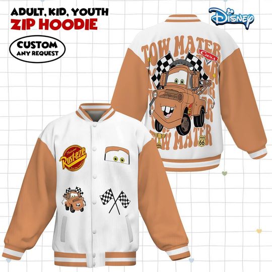Discover Tow Mater Disney Pixar Car Kids and Youth Baseball Jacket, Aldult Unisex Varsity Baseball Jacket, Mcqueen Baseball Jacket