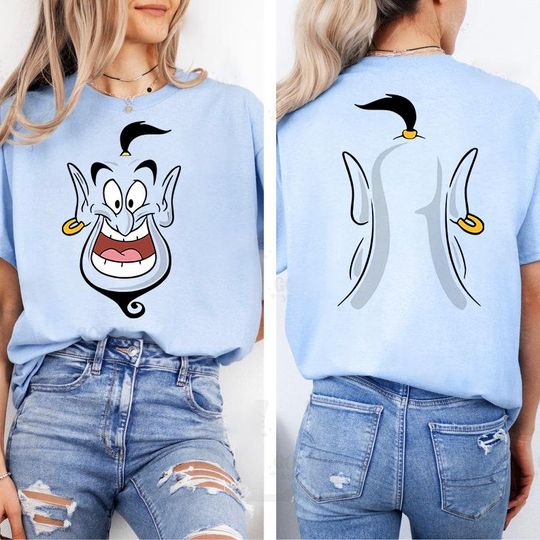 Discover Disney Aladdin Genie Big Face Costume Halloween 2-sided T-Shirt, Aladdin Genie Cosplay T-Shirt, Disneyland WDW Trip Family Matching Outfits