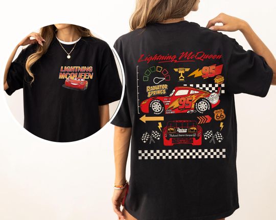 Discover Disney Pixar Cars Lightning McQueen 95 Retro 2-sided T-Shirt, Disney Cars Pit Crew T-Shirt, Disneyland Family Matching Shirt, Magic Kingdom