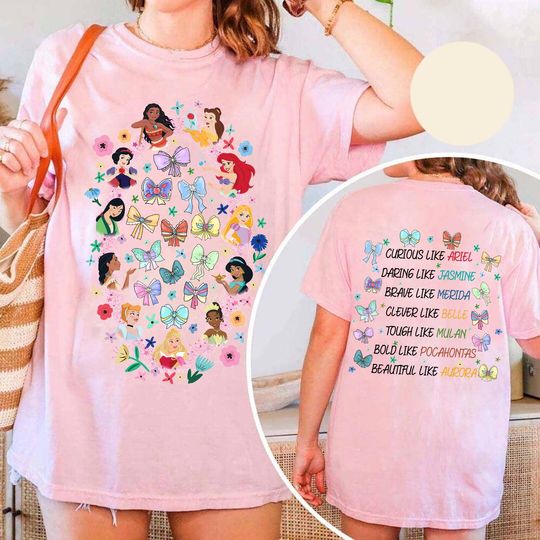 Discover Disney Princess Traits Coquette Bows Full Characters Watercolor T-Shirt, Disney Besties Shirt, Disneyland Princess Girl Trip Shirt, WDW Tee