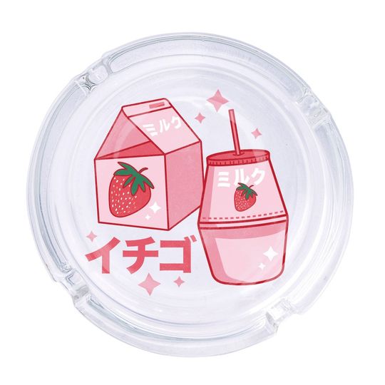 Discover Strawberry Milk Round Glass Ashtray 4.25", Cute Clear Glass UV Printed Kawaii Style Ash Tray Smoking Gift