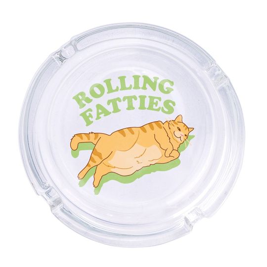 Discover Rolling Fatties Round Glass Ashtray 4.25", Cute Clear Glass UV Printed Ash Tray Smoking Gift