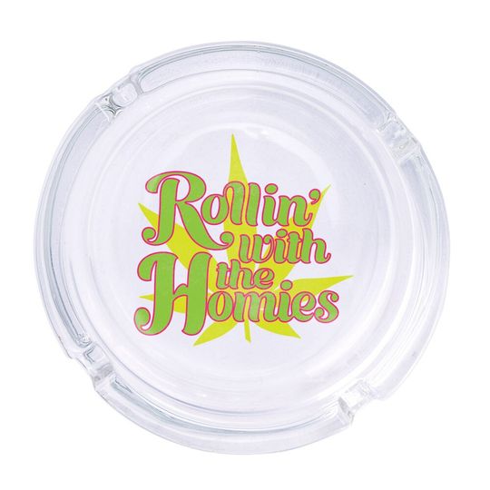 Discover Rollin' With The Homies Round Glass Ashtray 4.25", Cute Clear Glass UV Printed Ash Tray Smoking Gift
