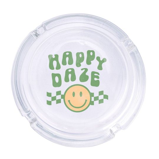 Discover Happy Daze Round Glass Ashtray 4.25", Cute Clear Glass UV Printed Ash Tray Smoking Gift