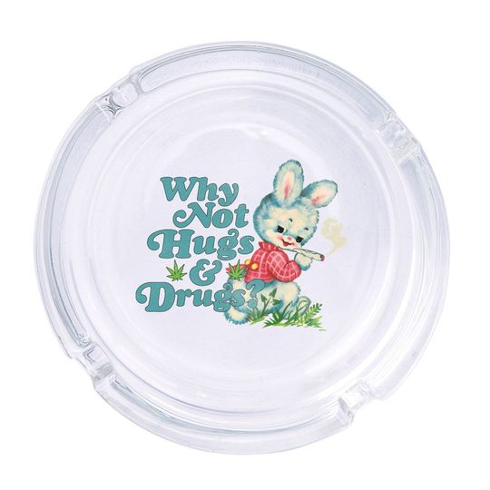Discover Hugs And Drugs Round Glass Ashtray 4.25", Cute Clear Glass UV Printed Ash Tray Smoking Gift