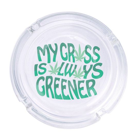 Discover Always Greener Round Glass Ashtray 4.25", Cute Clear Glass UV Printed Ash Tray Smoking Gift