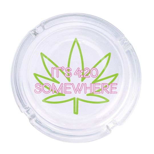 Discover It's 420 Somewhere Round Glass Ashtray 4.25", Cute Clear Glass UV Printed Ash Tray Smoking Gift