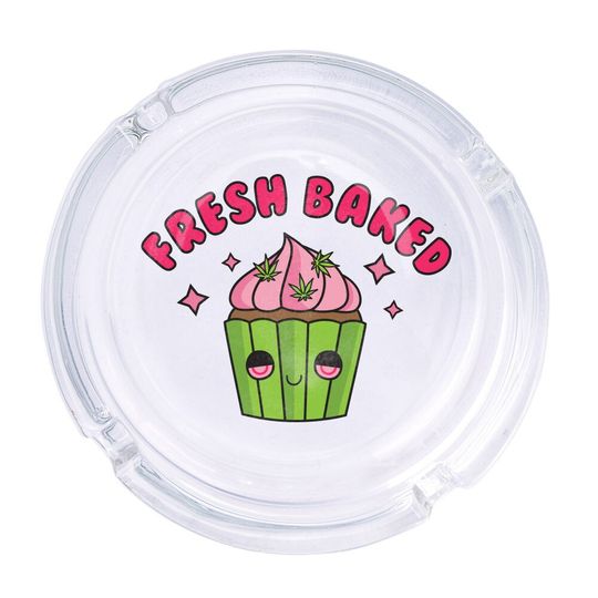 Discover Fresh Baked Round Glass Ashtray 4.25", Cute Clear Glass UV Printed Ash Tray Smoking Gift