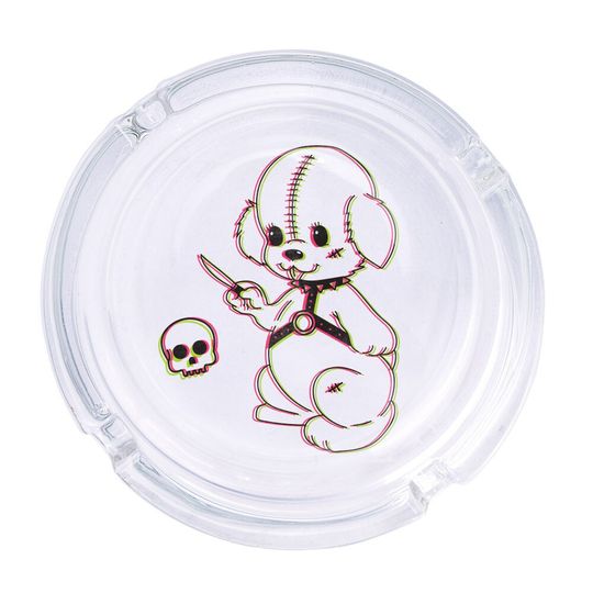 Discover Evil Puppy Round Glass Ashtray 4.25", Cute Clear Glass UV Printed Ash Tray Smoking Gift