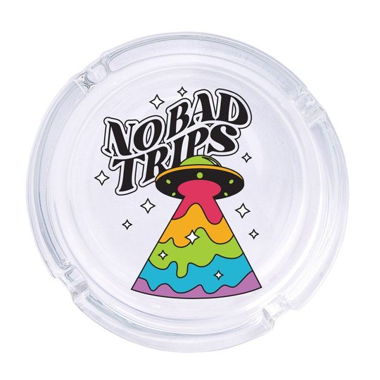 Discover No Bad Trips Glass Ashtray 4.25", Cute Clear Glass UV Printed Retro Trippy Ash Tray Smoking Gift