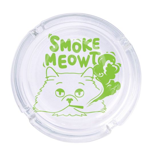 Discover Smoke Meowt Round Glass Ashtray 4.25", Cute Clear Glass UV Printed Ash Tray Smoking Gift