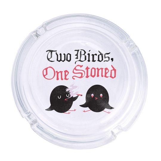 Discover Two Birds One Stoned Round Glass Ashtray 4.25", Cute Clear Glass UV Printed Ash Tray Smoking Gift