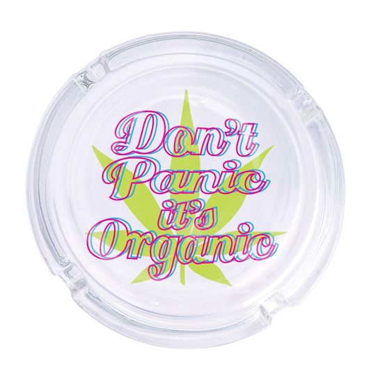 Discover Don't Panic It's Organic Round Glass Ashtray 4.25", Cute Clear Glass UV Printed Ash Tray Smoking Gift