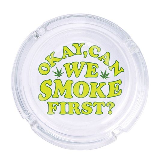 Discover Can We Smoke First Round Glass Ashtray 4.25", Cute Clear Glass UV Printed Ash Tray Smoking Gift