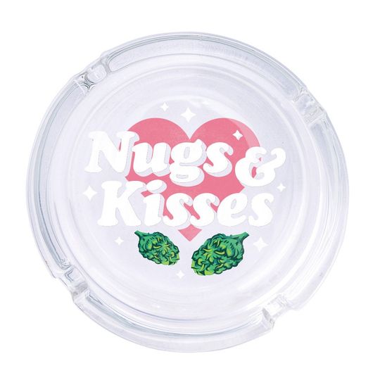 Discover Nugs and Kisses Round Glass Ashtray 4.25", Cute Clear Glass UV Printed Ash Tray Smoking Gift