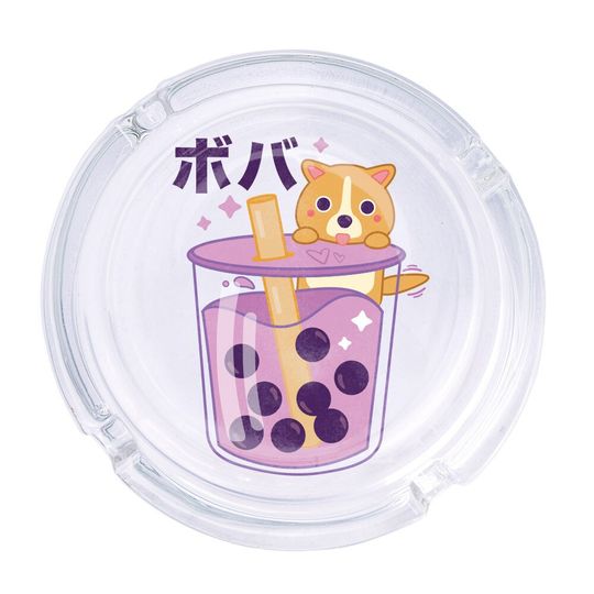 Discover Cute Boba Tea Round Glass Ashtray 4.25", Cute Clear Glass UV Printed Kawaii Style Ash Tray Smoking Gift