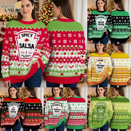 Discover Group Condiments Xmas Ugly Sweater, Christmas Matching Shirt, Matching Condiment Costume Party Shirt, Condiments and Sauce Group Sweater